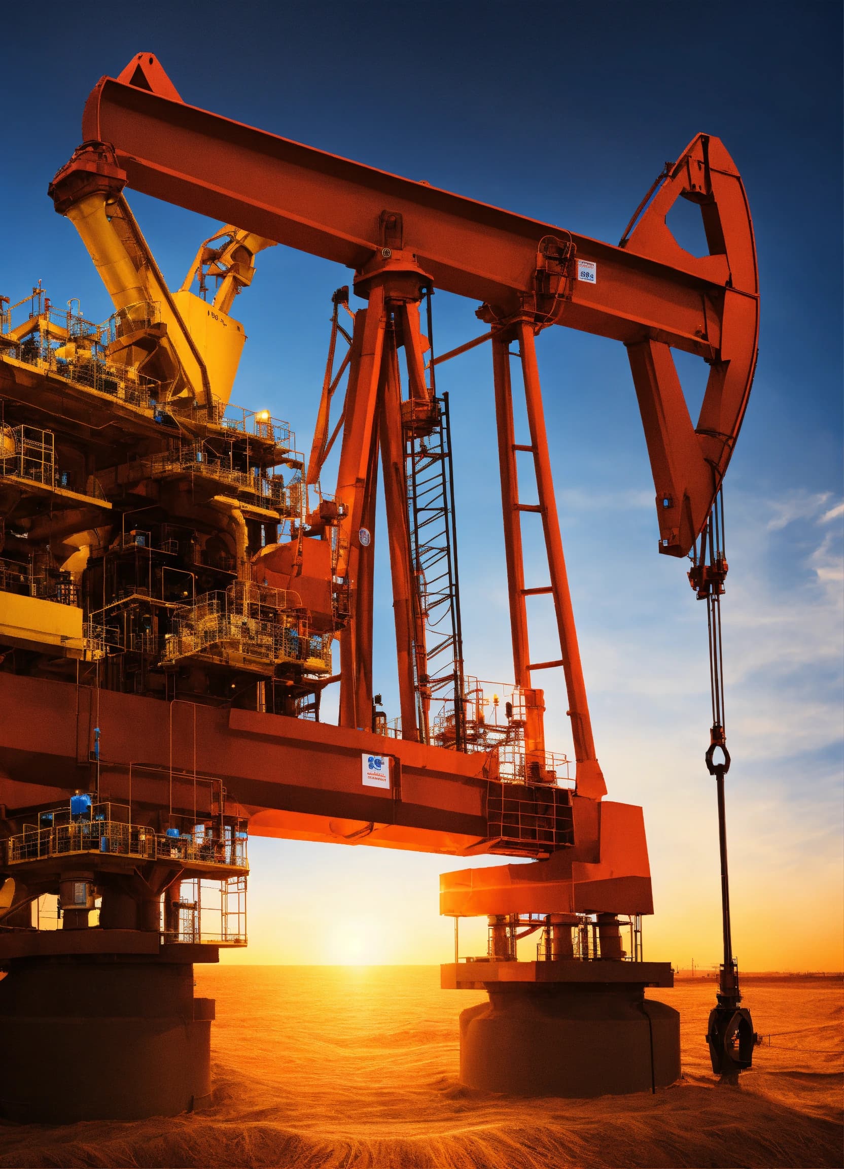 Oil production pump jack silhouette at desert sunset