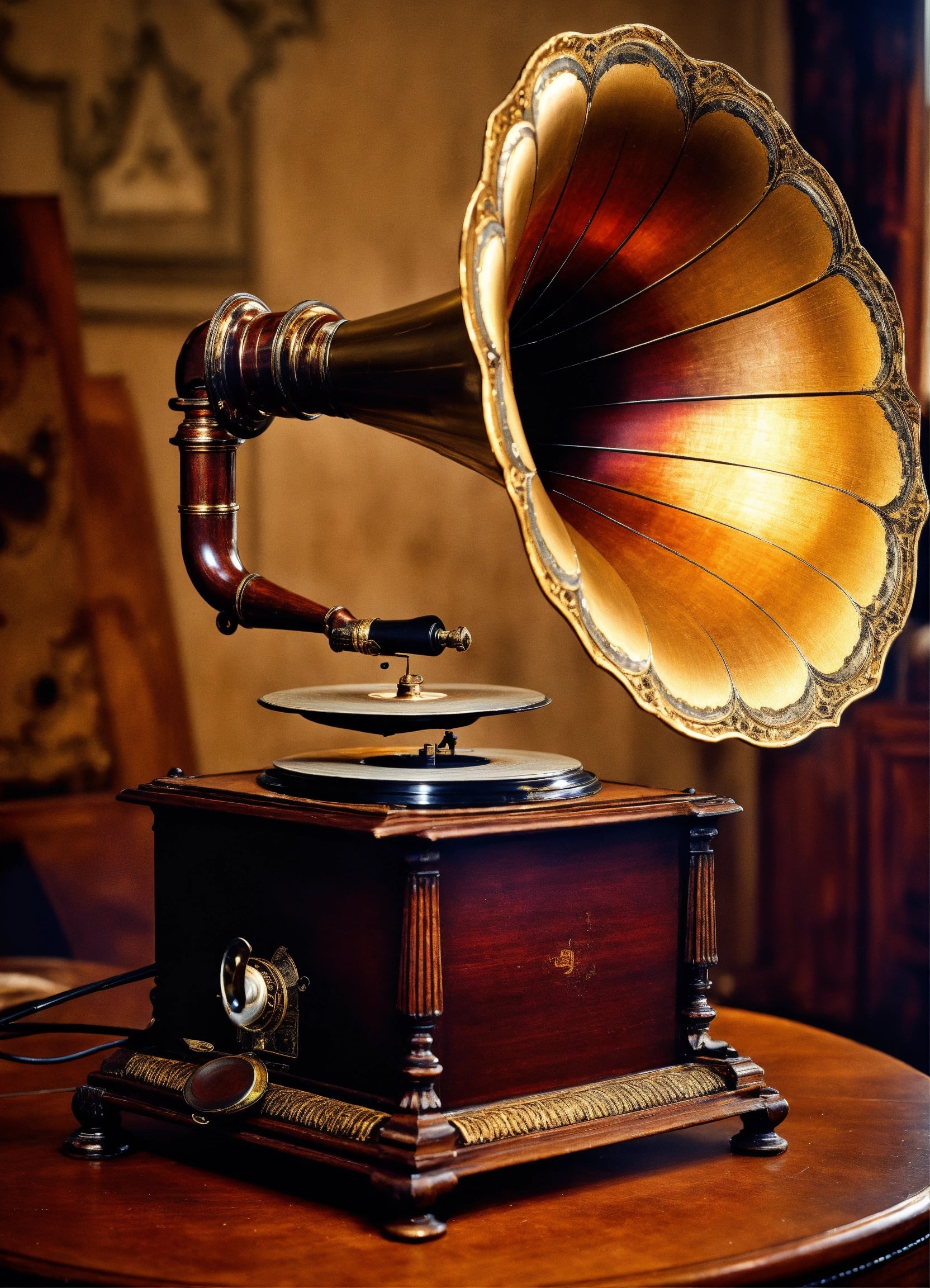 Mahogany and brass antique gramophone with flared horn