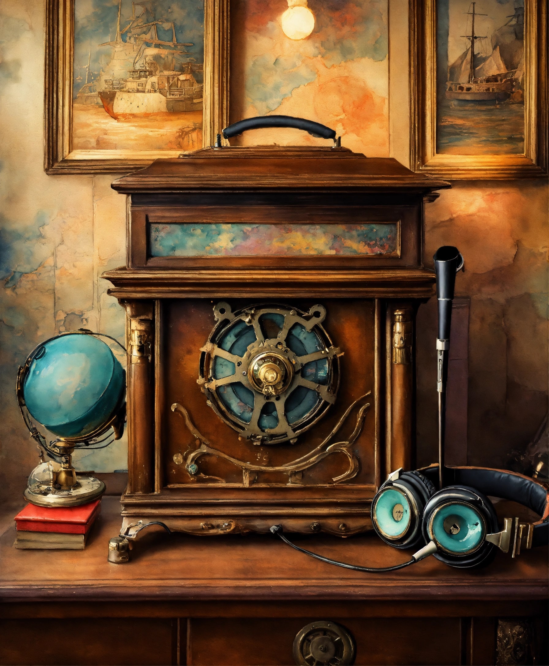 Vintage wooden radio cabinet with globe and headphones