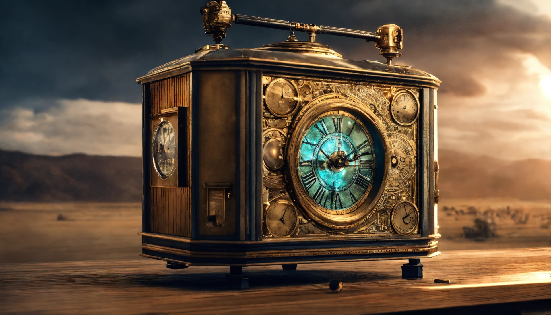 Ornate brass multi-dial clock on a desert table
