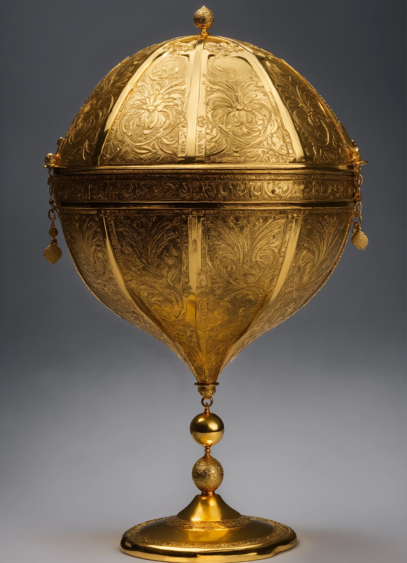 Ornate golden spherical vessel on pedestal