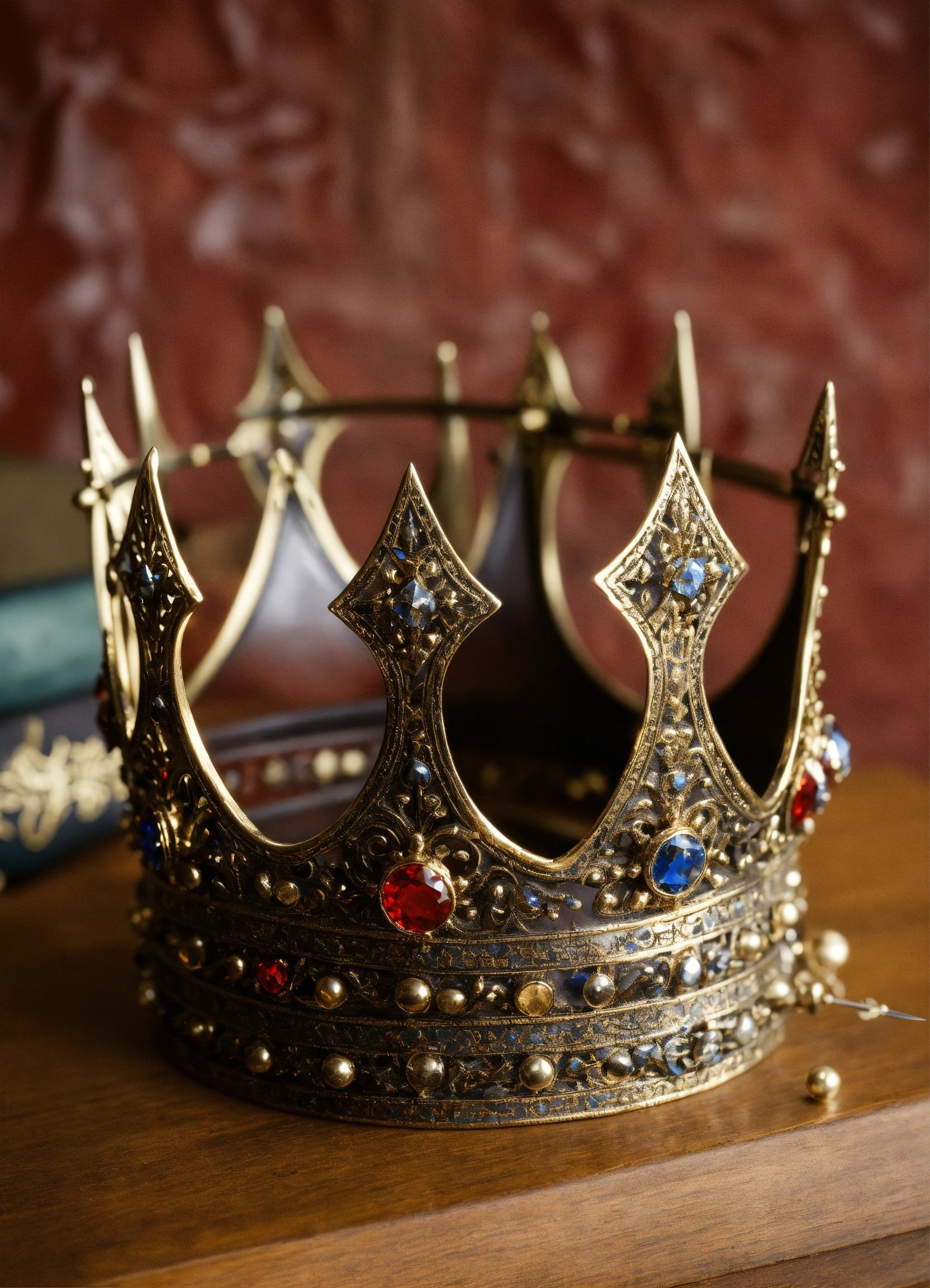 Ornate gold crown with red and blue gems
