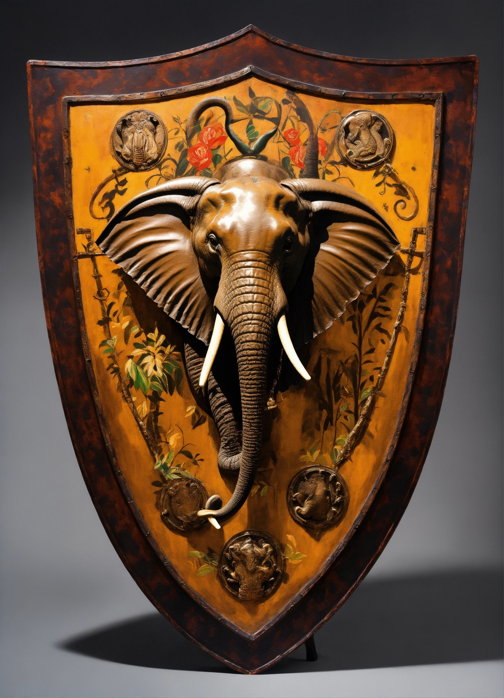 Wooden shield with bronze elephant head