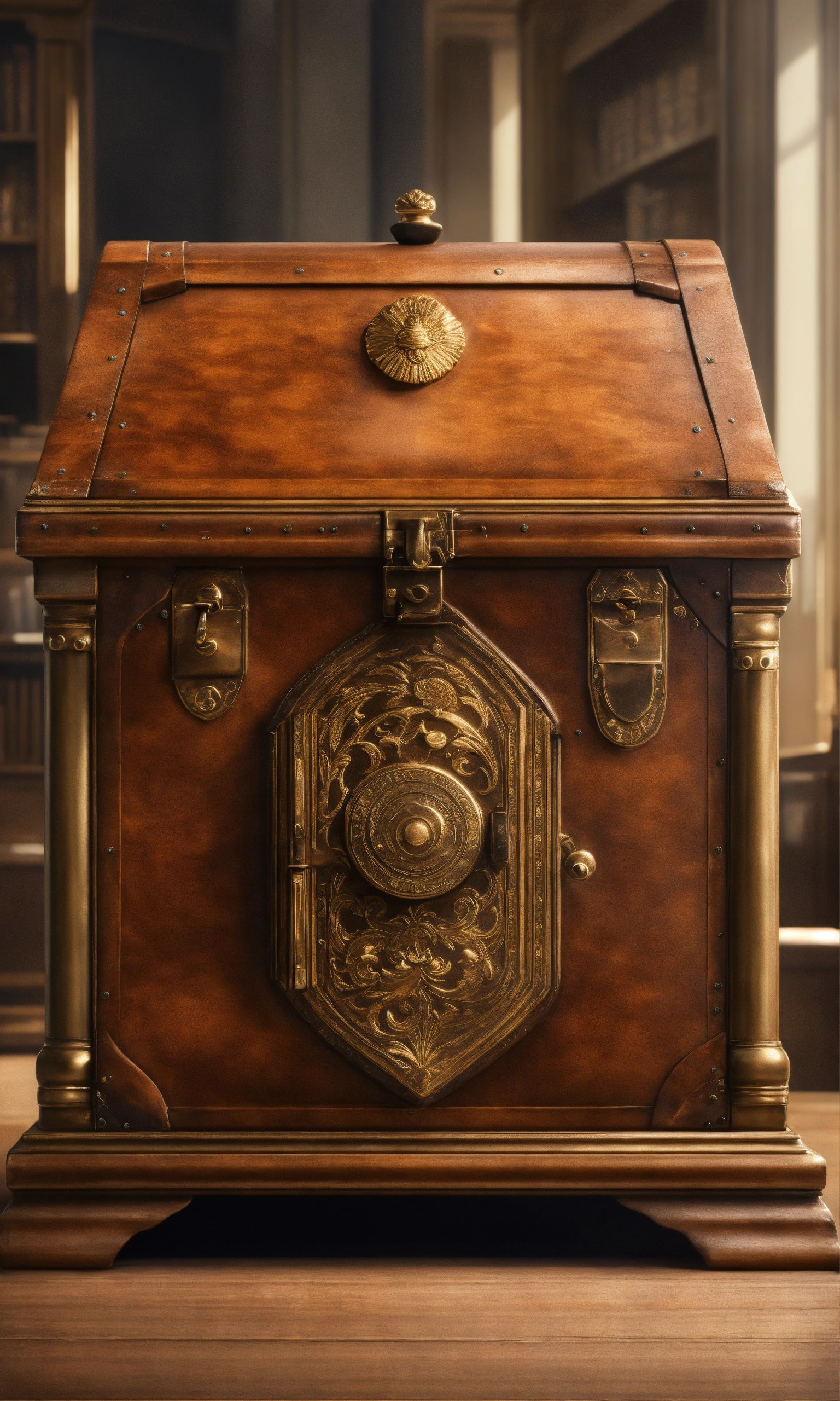 Ornate wooden strongbox with brass fittings