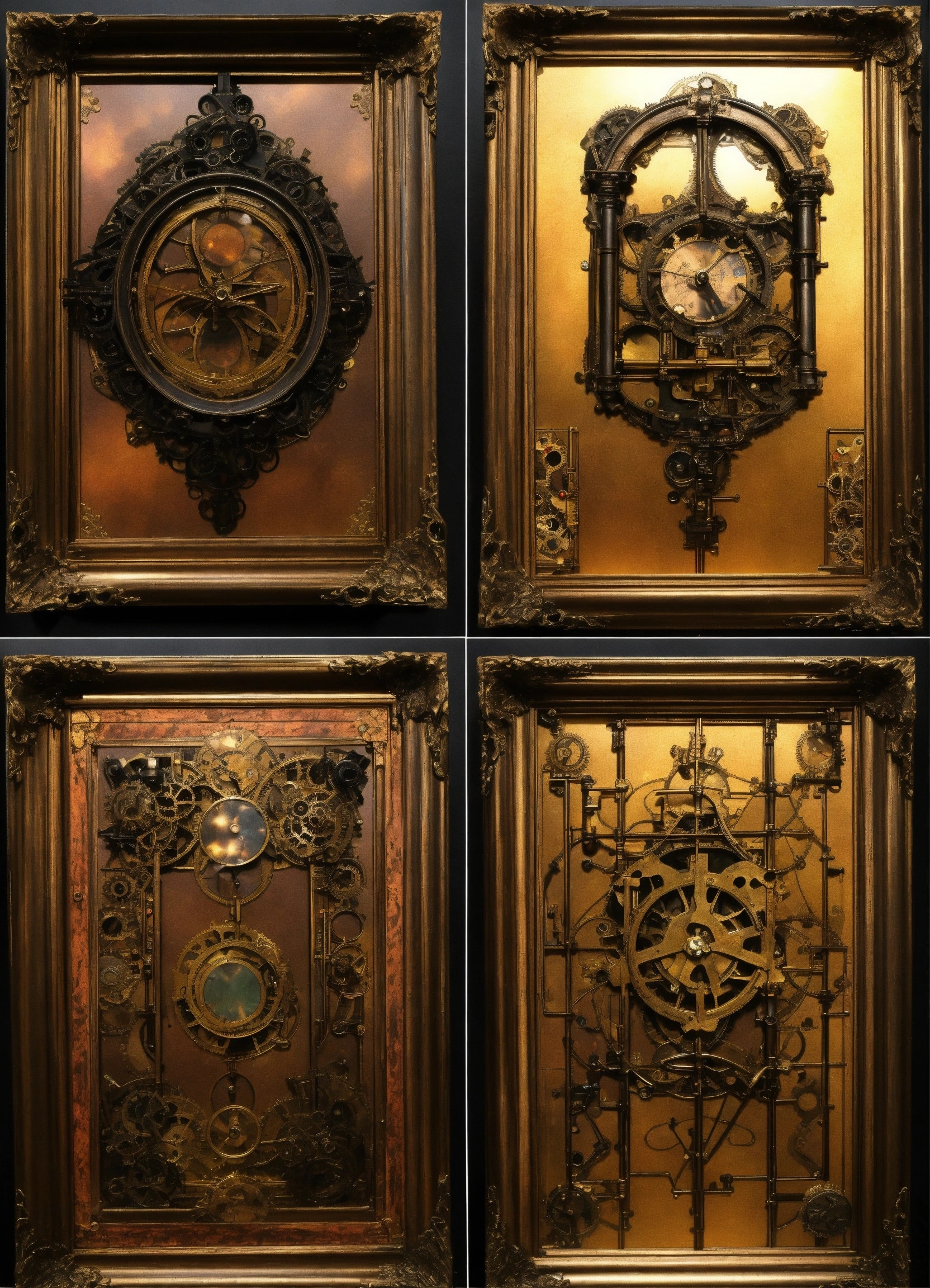 Four ornate framed clockwork assemblies