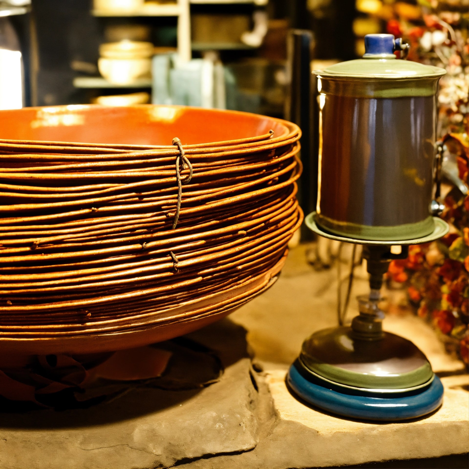 Wicker coiled bowl and ceramic vessel
