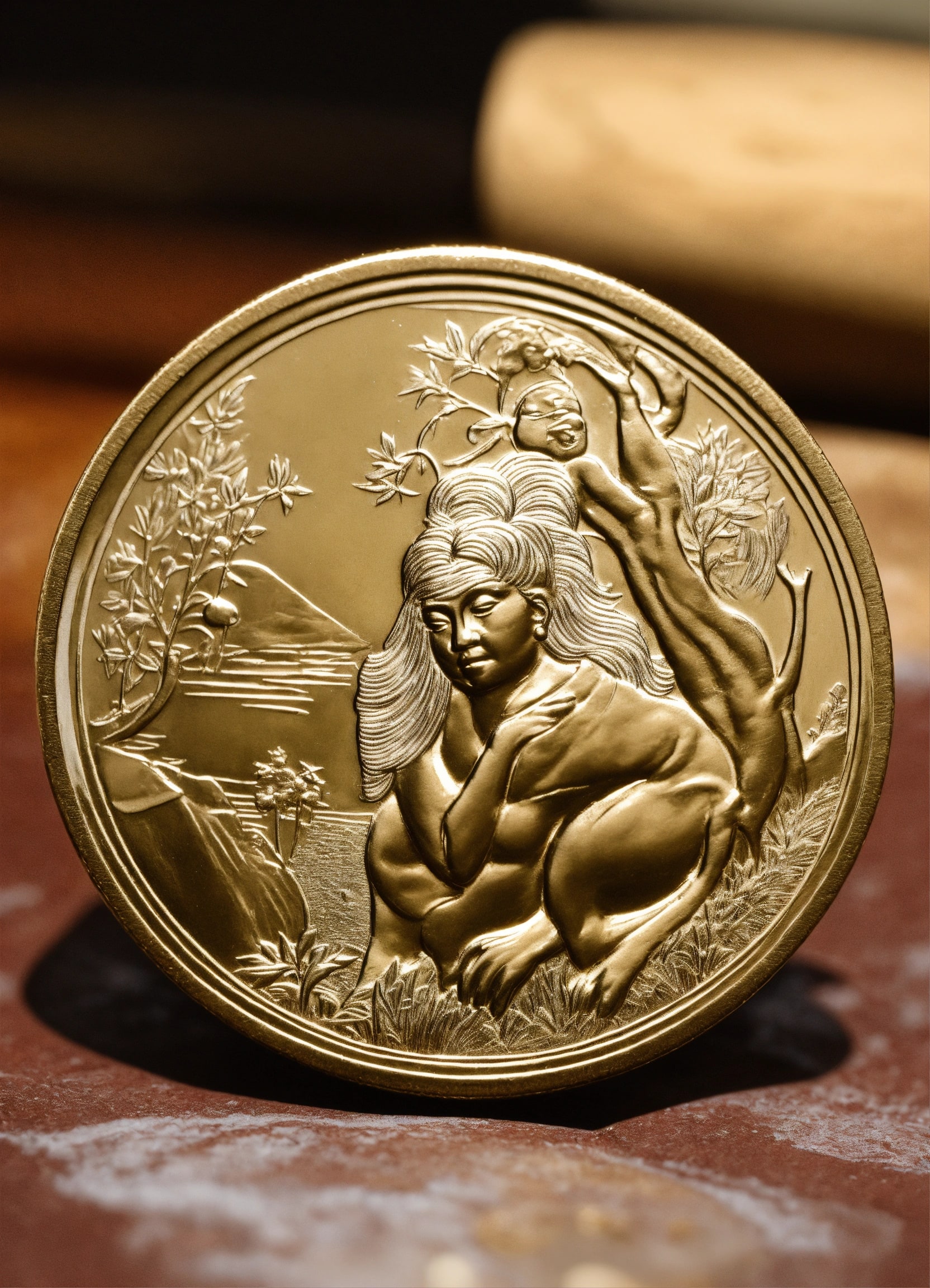 Gold commemorative medallion with female figure