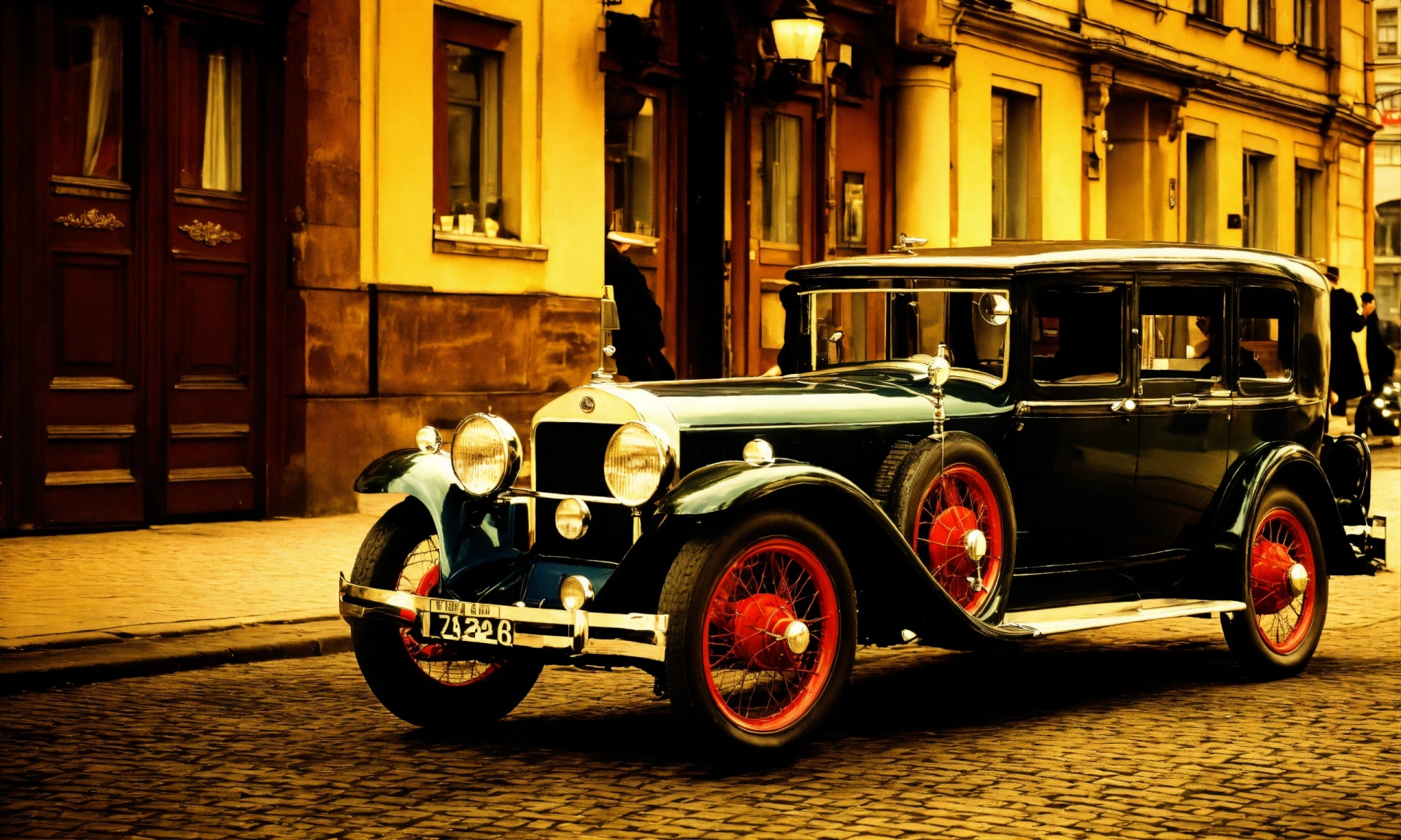 Vintage dark green classic car on cobblestone street