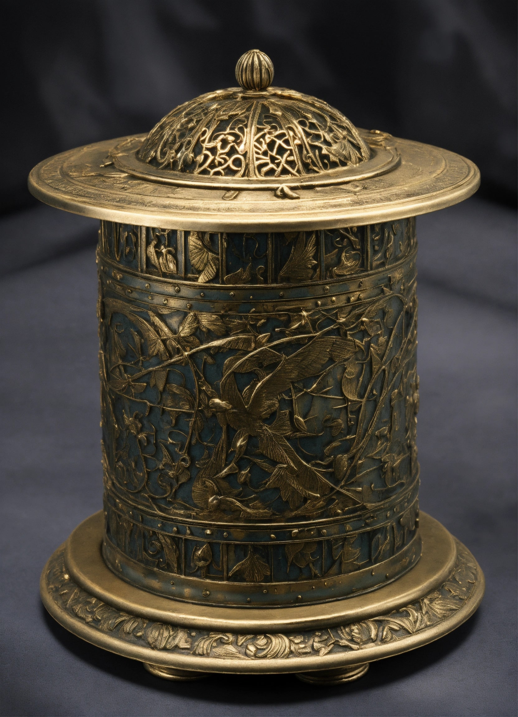 Ornate brass cylindrical container with bird relief