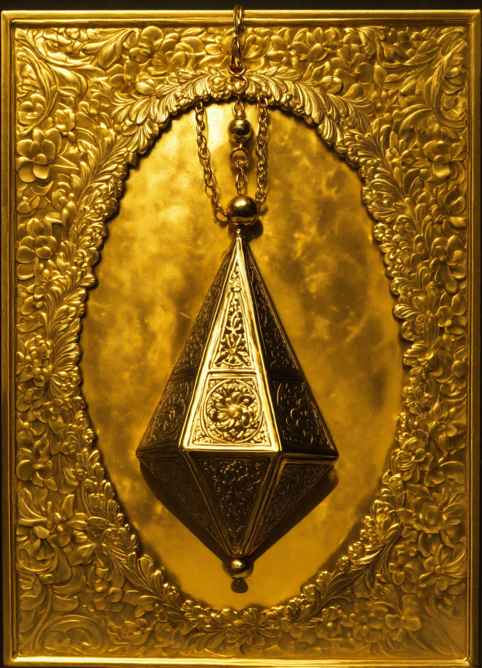 Gold pyramid pendant on ornate gold background