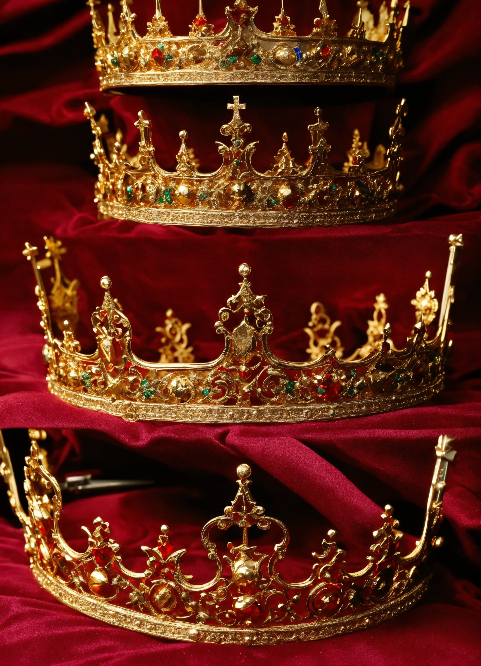 Three gold crowns on red velvet