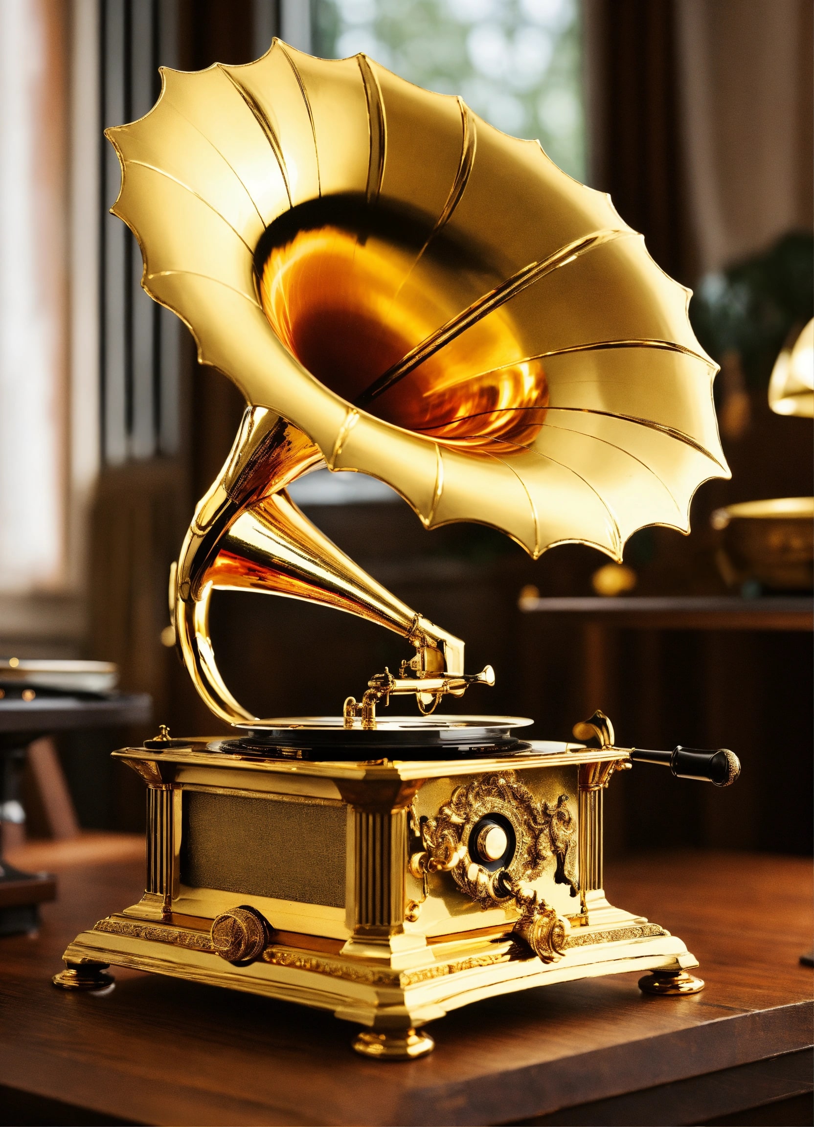 All-gold ornamental gramophone on a wooden table