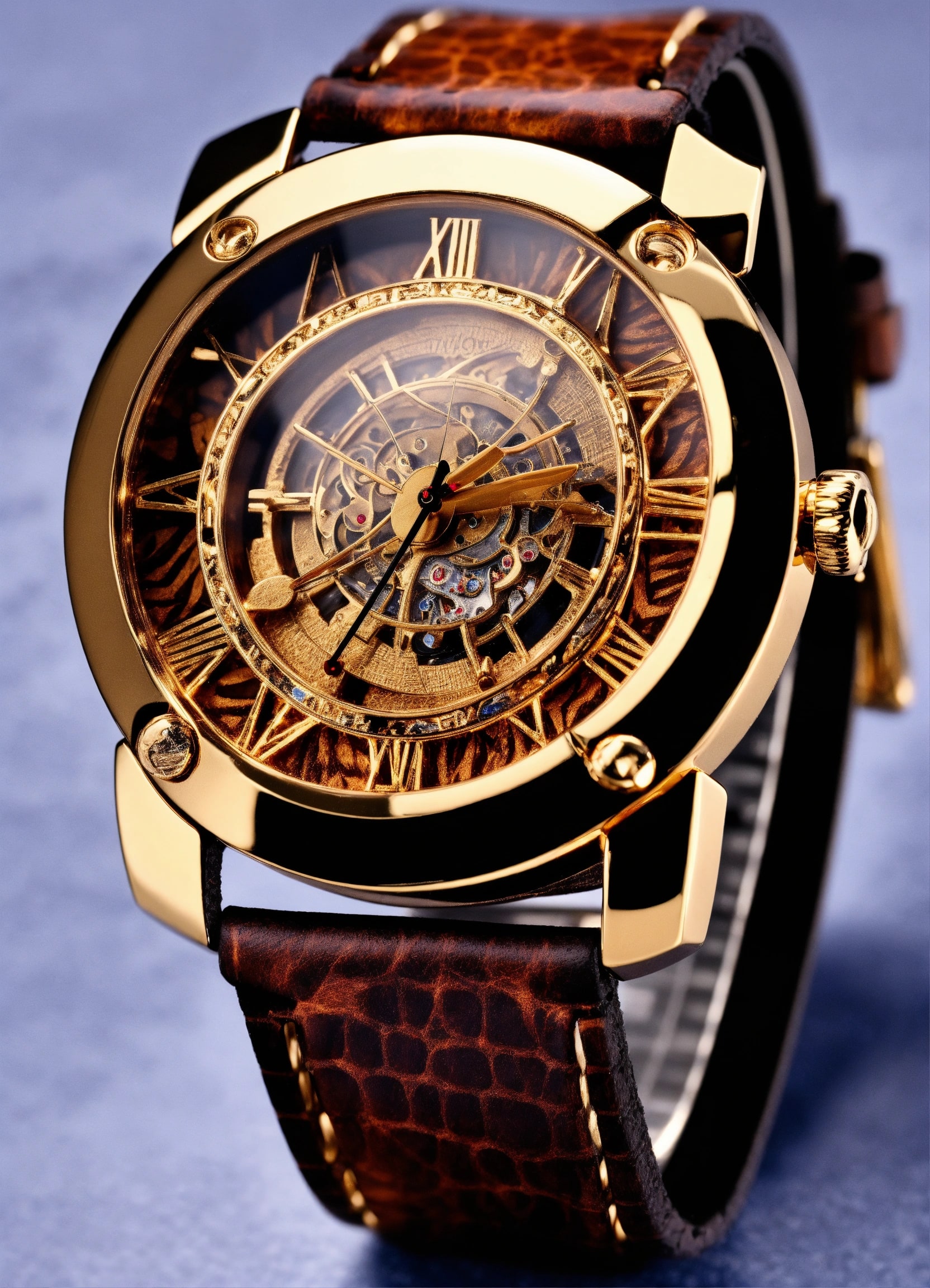 Gold skeleton watch with leather strap