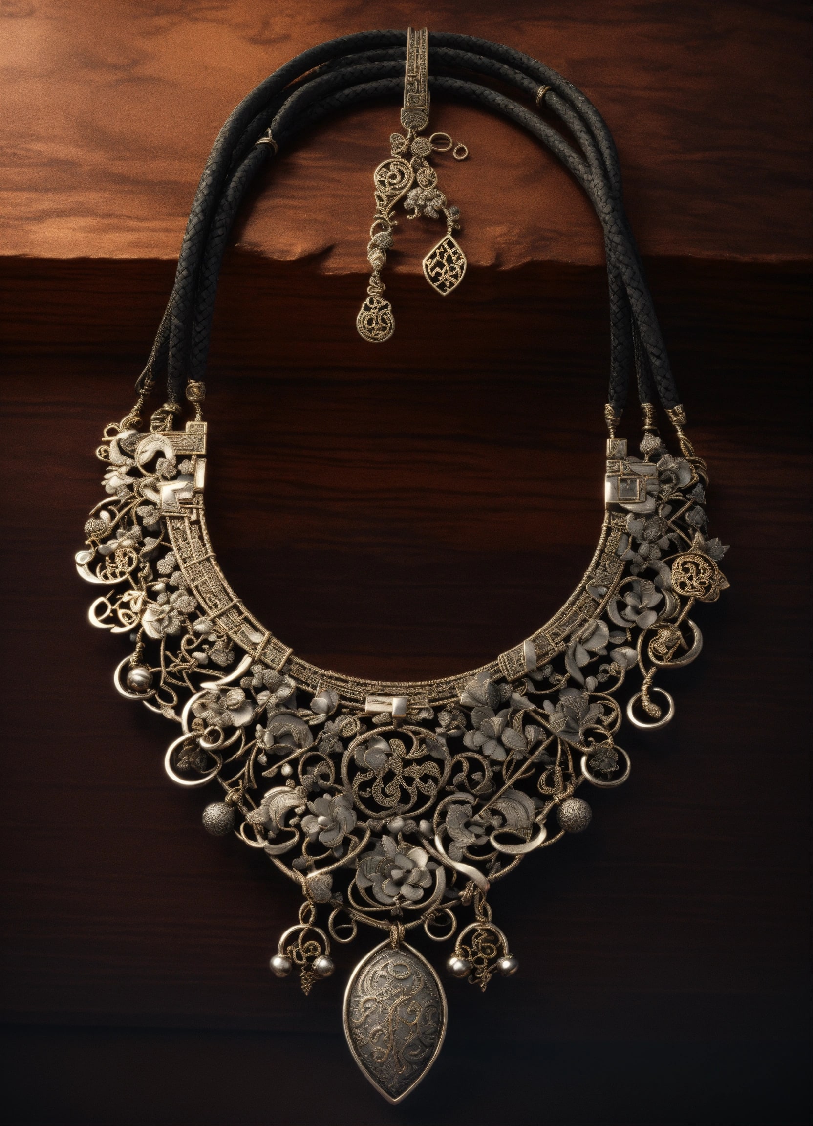 Elaborate silver filigree necklace on wood