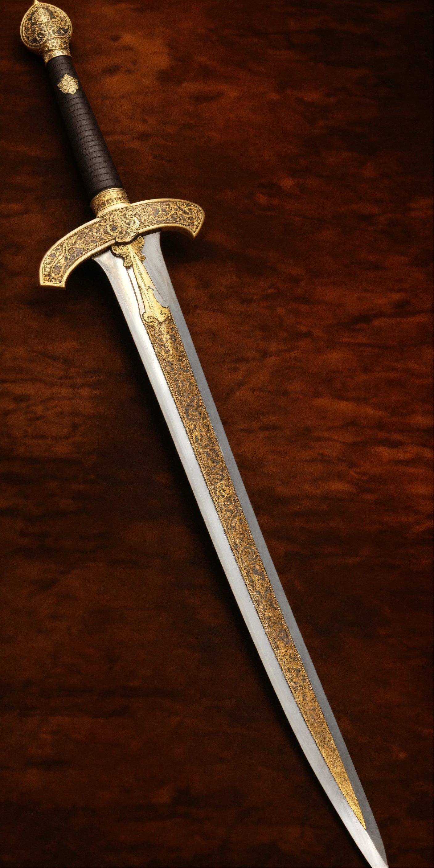 Ornate sword with gold inlay on wood