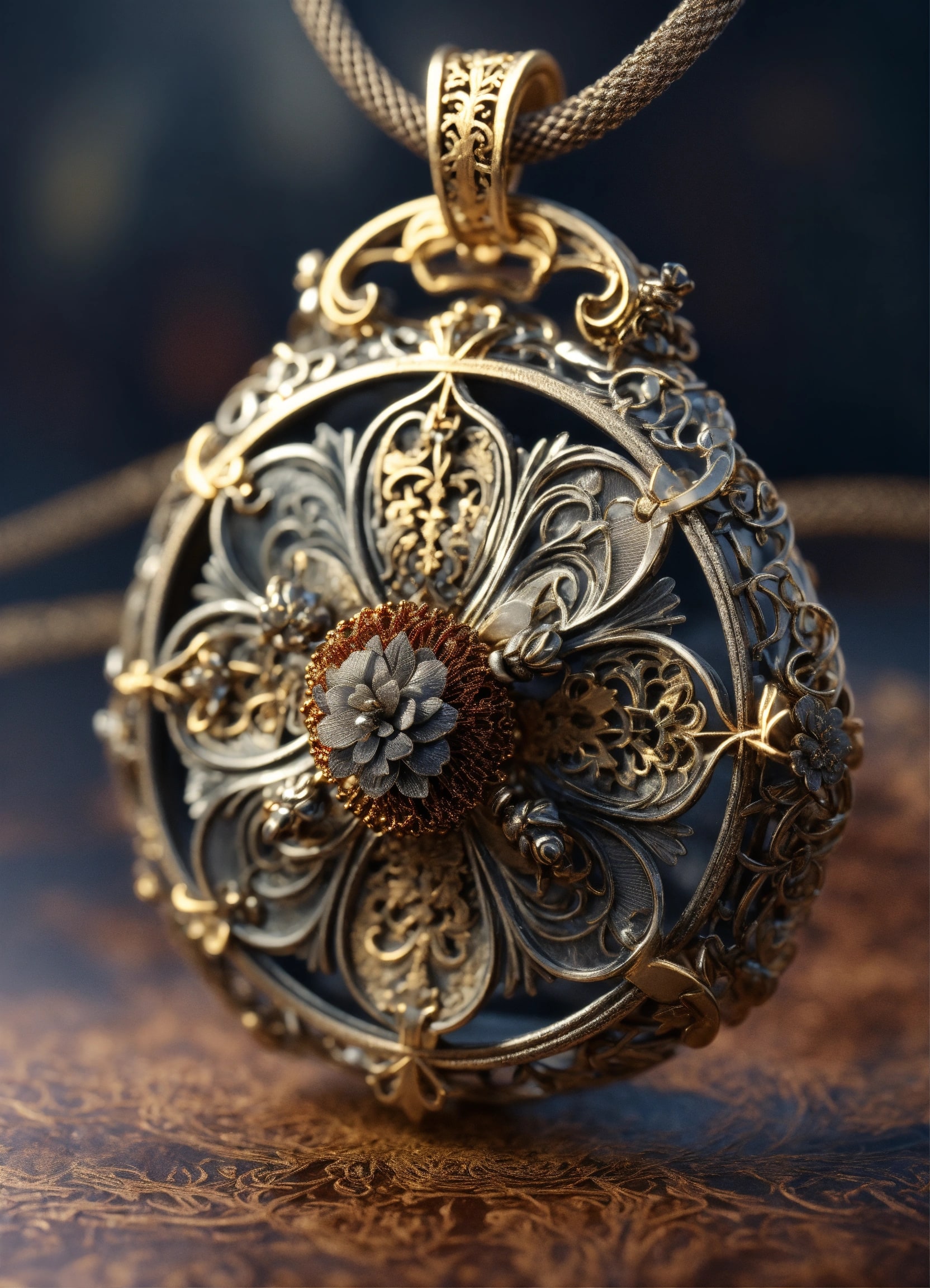Ornate filigree circular pendant with flower center