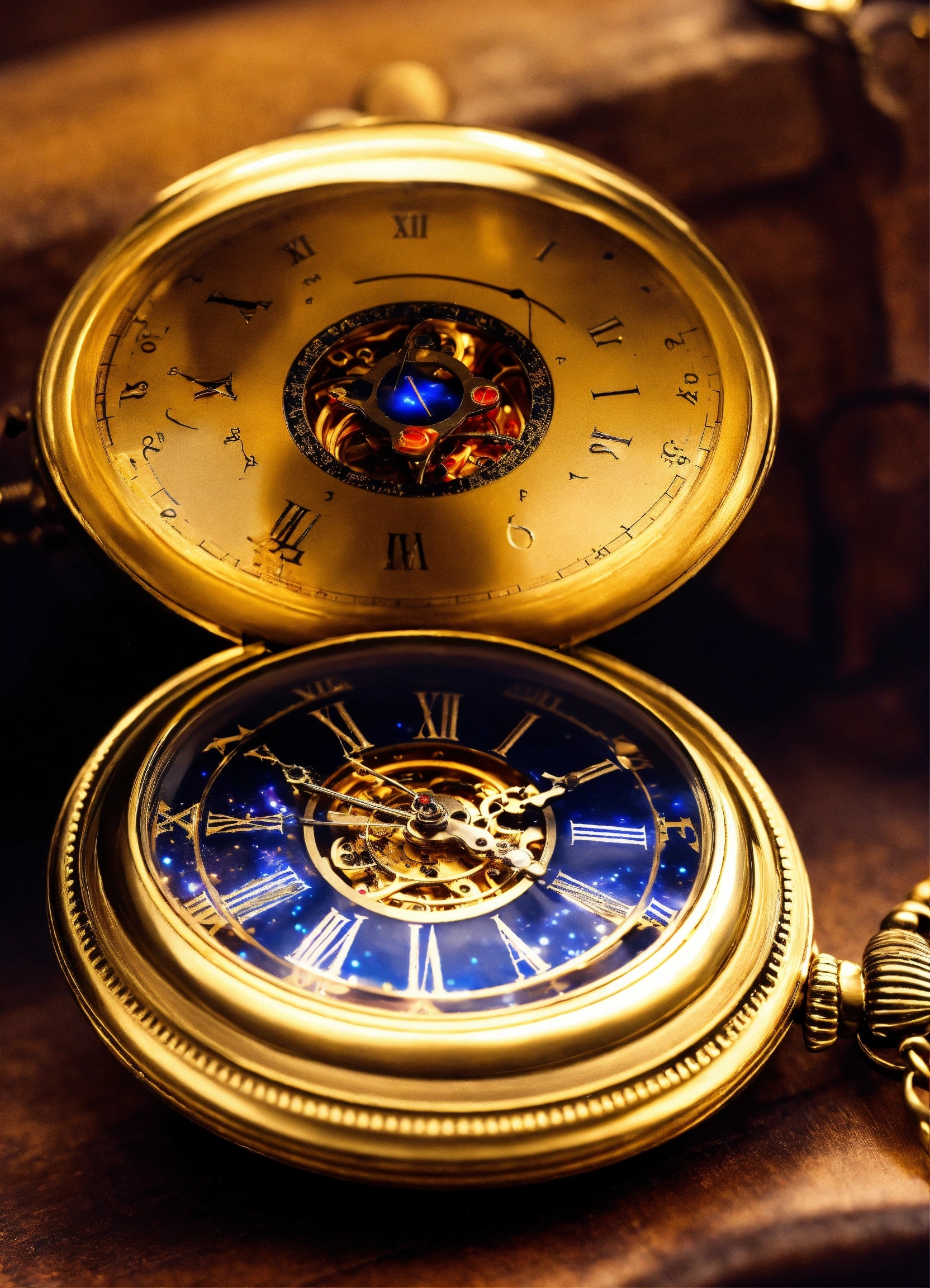 Open gold pocket watch with blue celestial dial