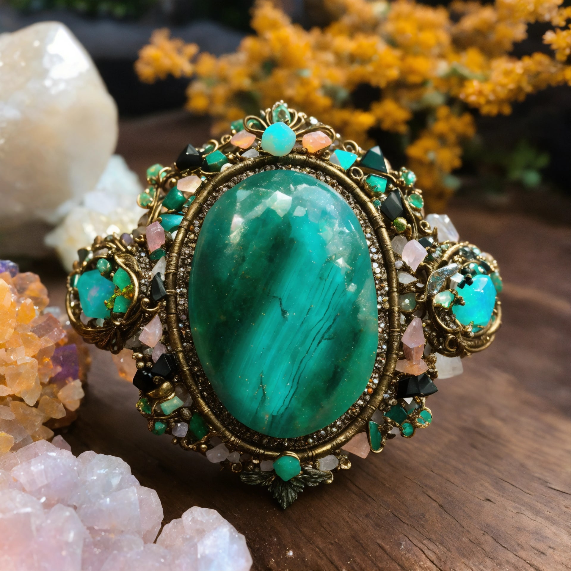 Ornate cuff with large green malachite stone