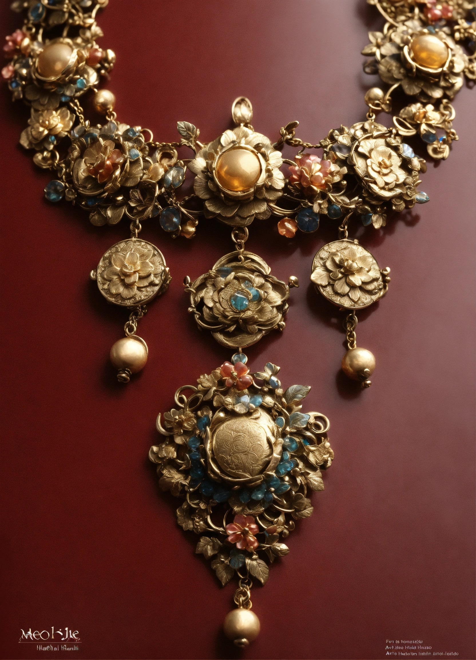 Gold floral necklace with pearls on red background
