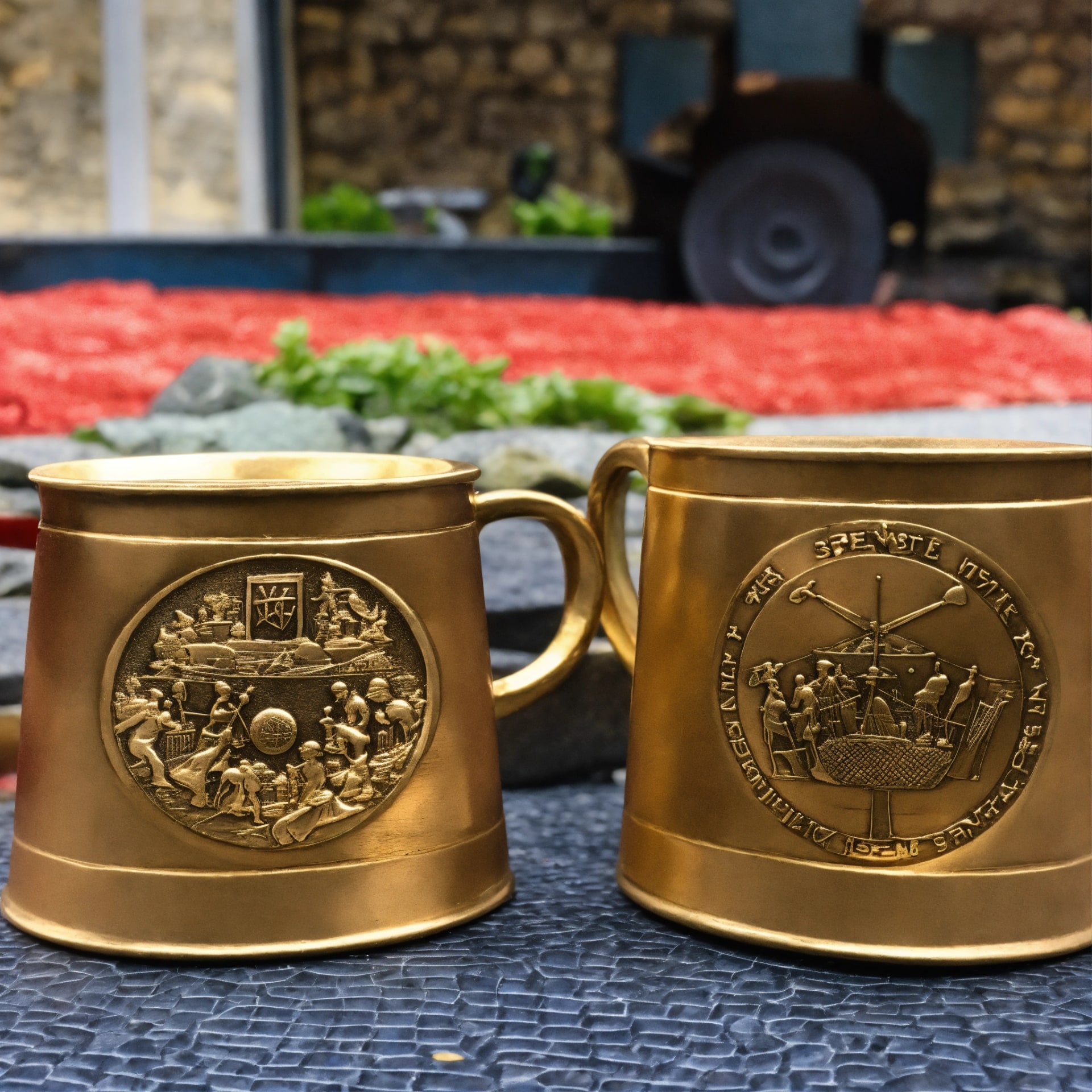 Two engraved brass mugs with scene medallions