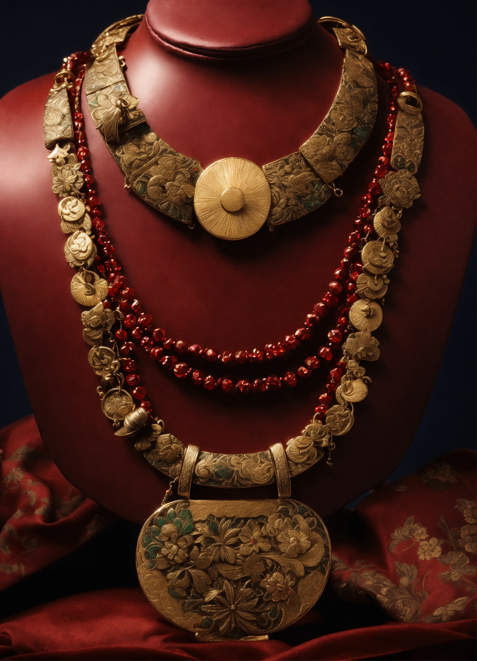 Layered gold and red bead necklace on bust