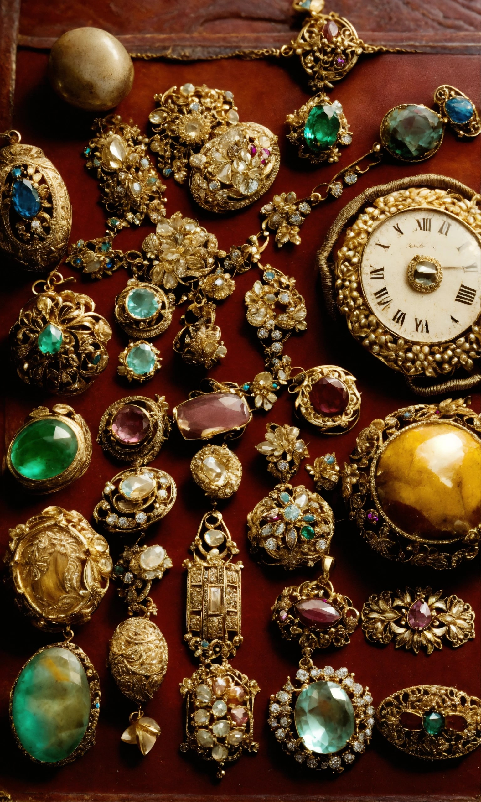Collection of antique gold jewelry on velvet