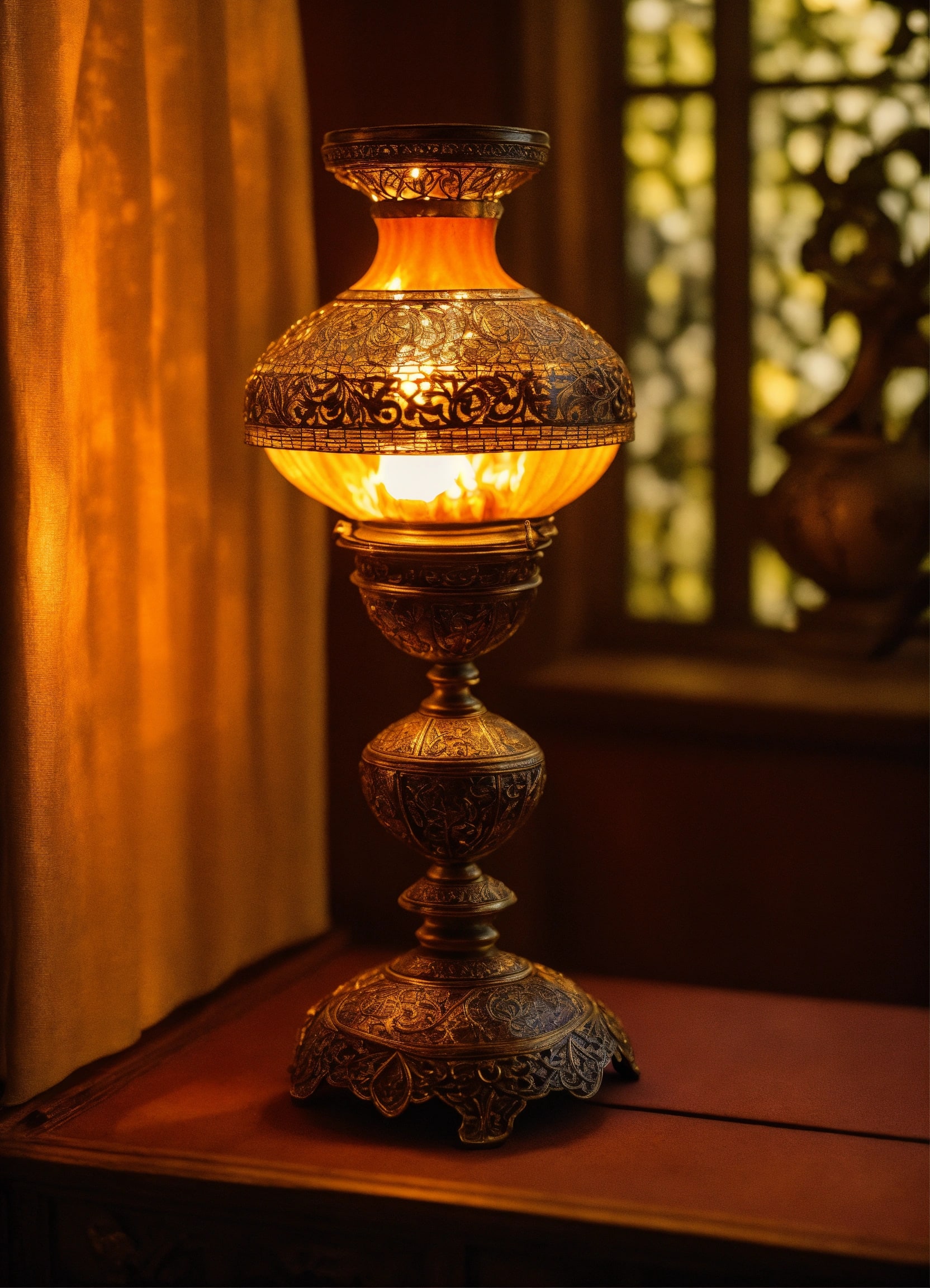 Ornate brass filigree lamp with warm light