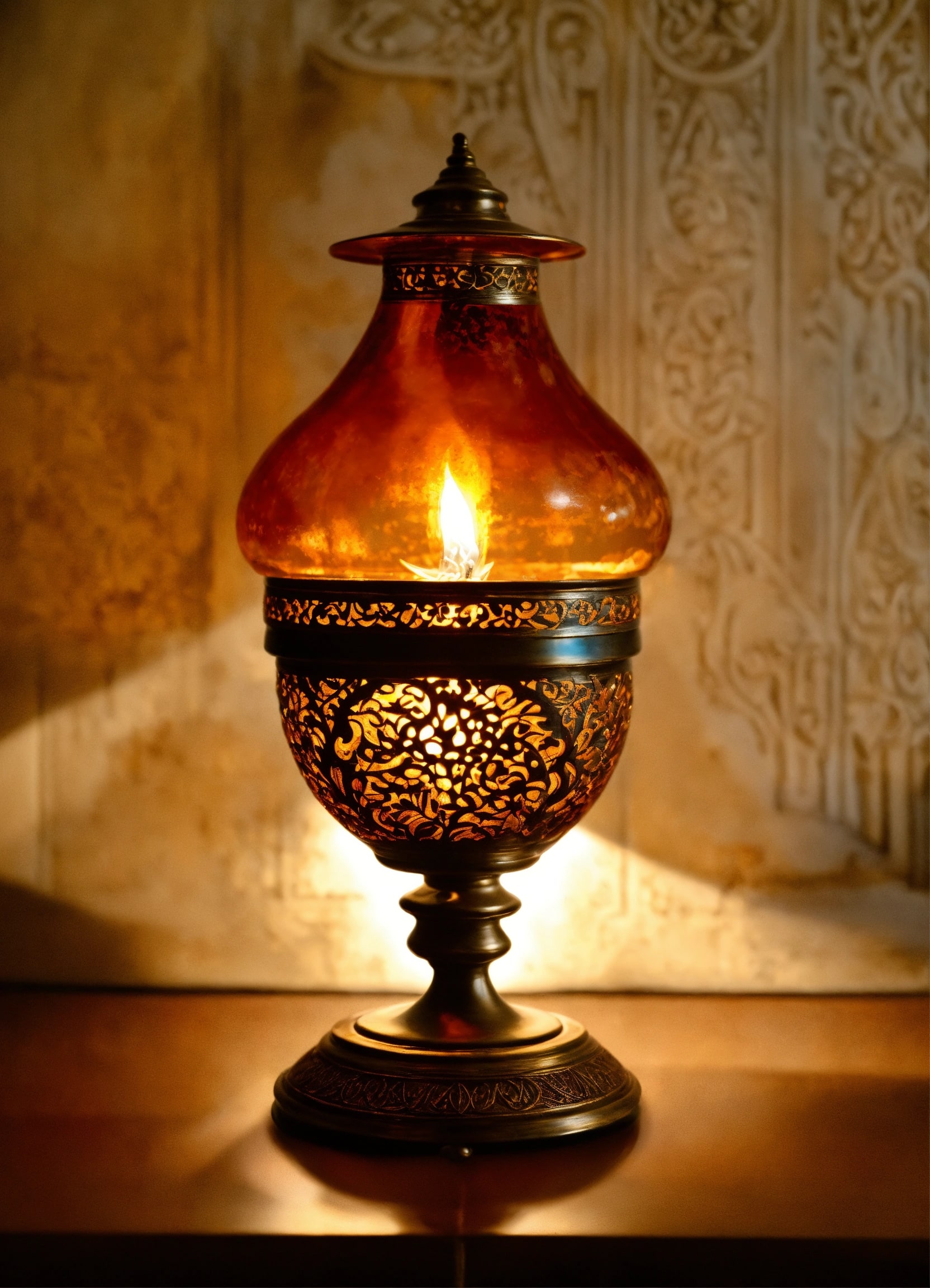 Amber glass lantern lamp on pedestal