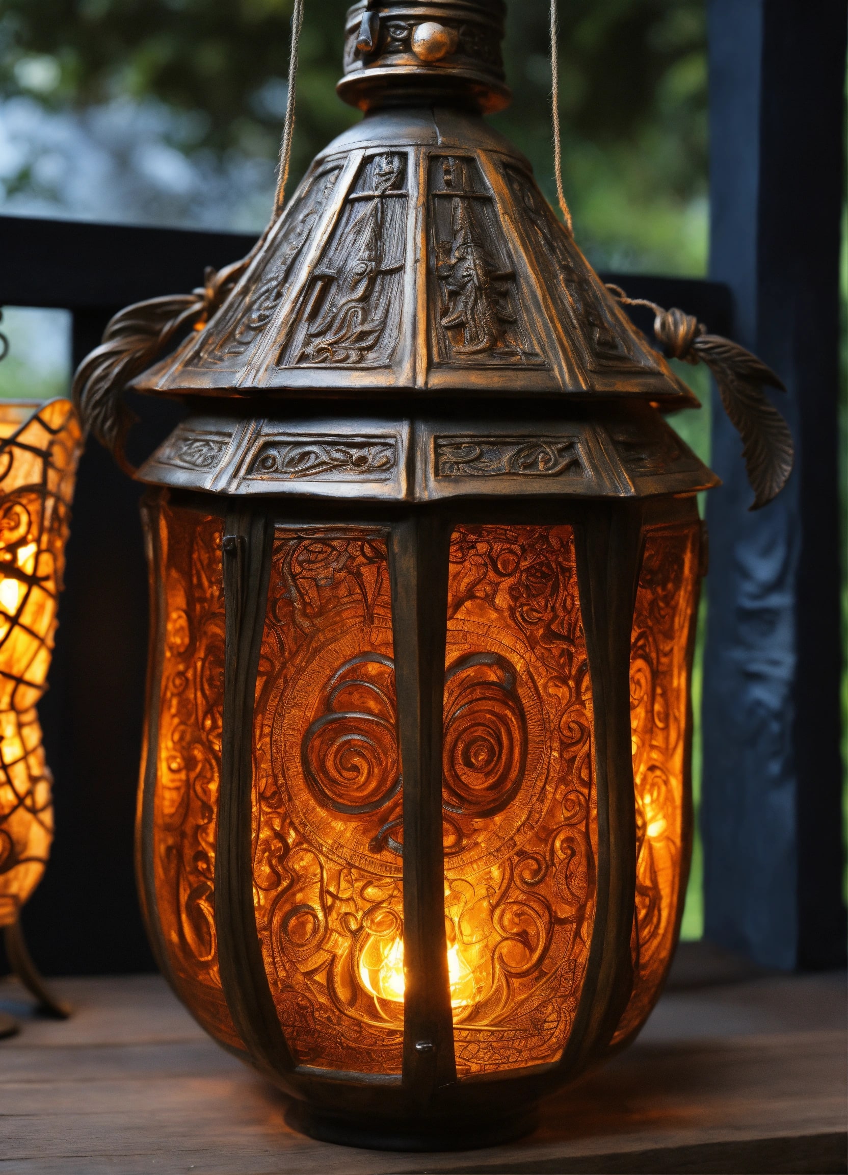 Hanging ornate metal lantern glowing orange