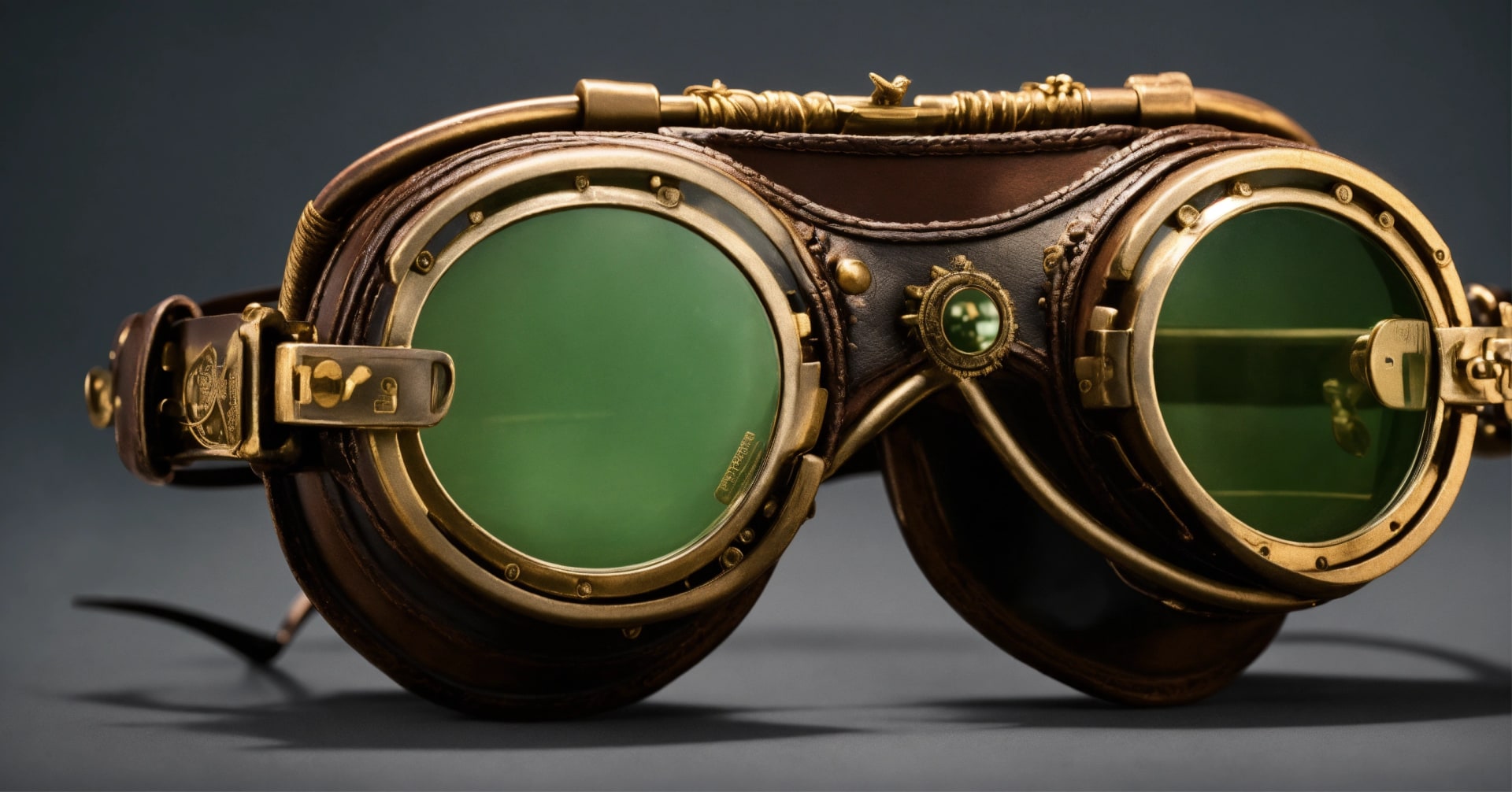 Steampunk brass goggles with green glass