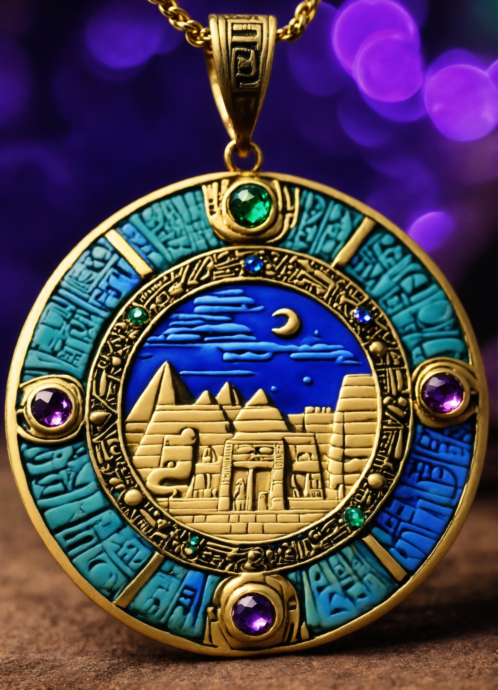 Gold Egyptian-style pendant with pyramids and gems