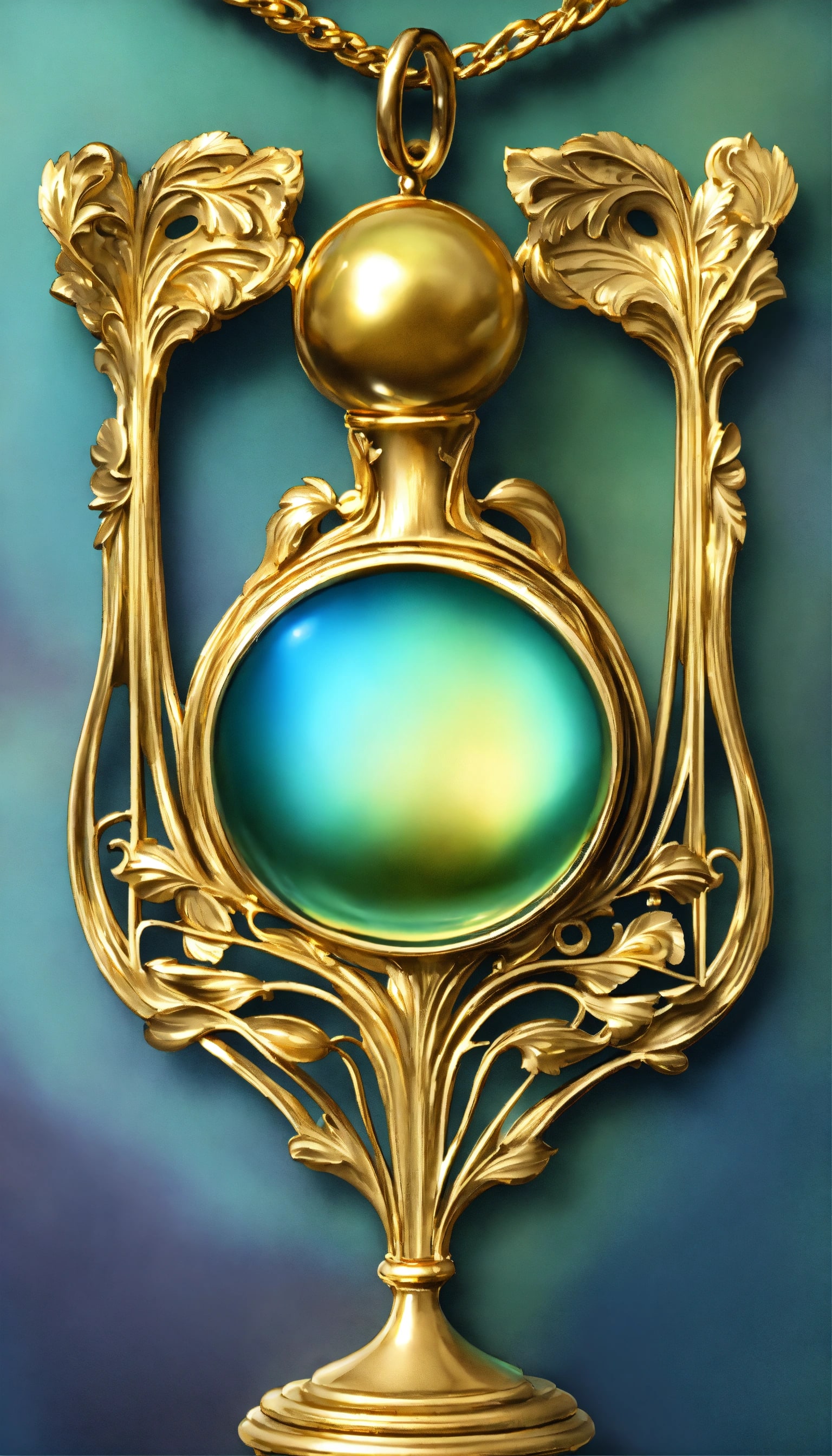 Gold pendant with iridescent green sphere